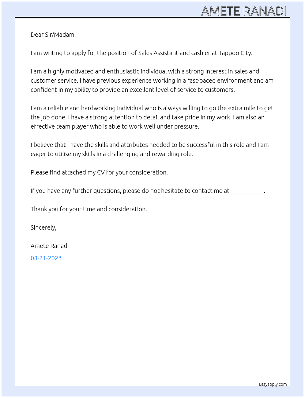 Sales Assistant and cashier  At Tappoo City Cover Letter