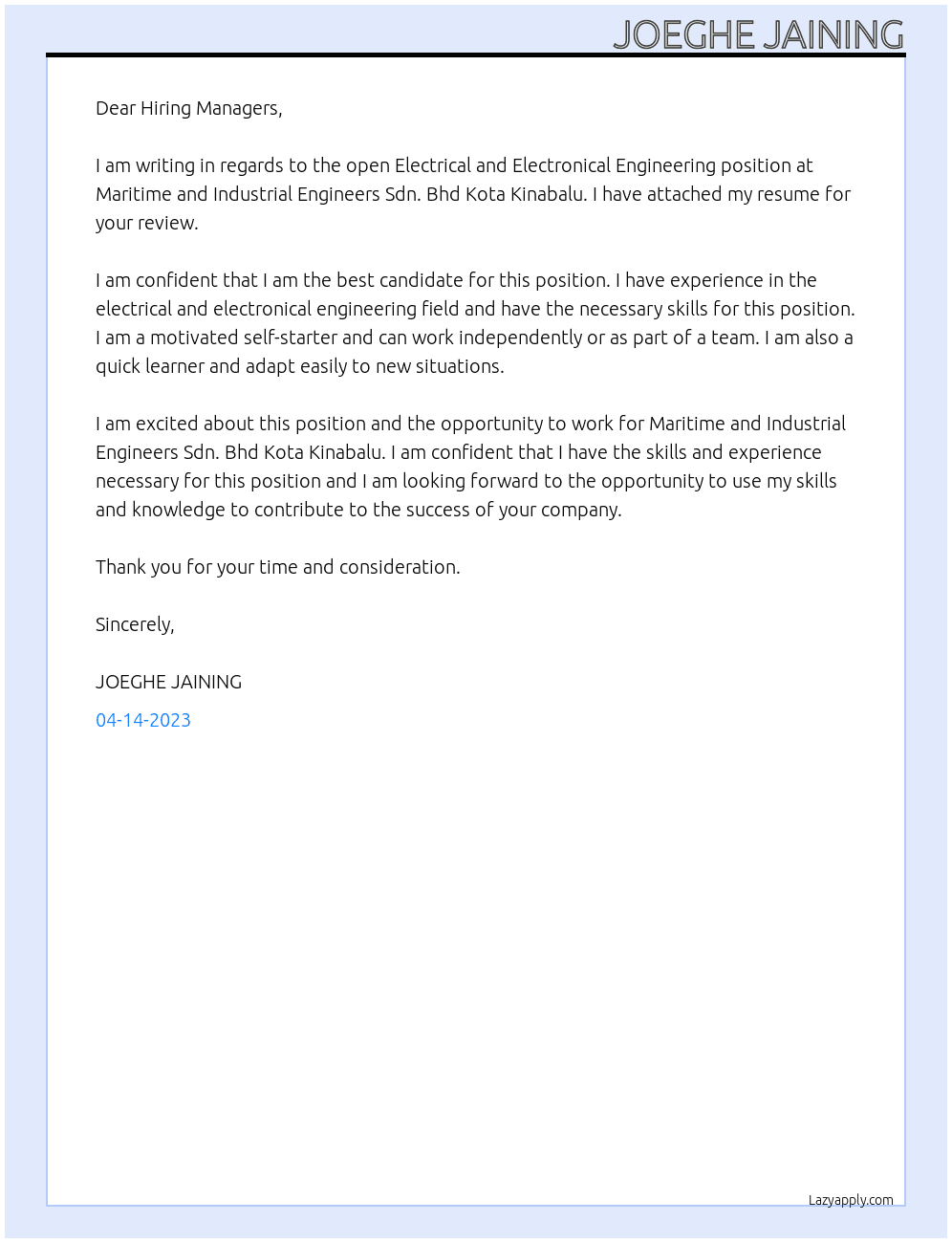 Electrical and Electronical Engineering At Maritime and Industrial Engineers Sdn. Bhd Kota Kinabalu Cover Letter