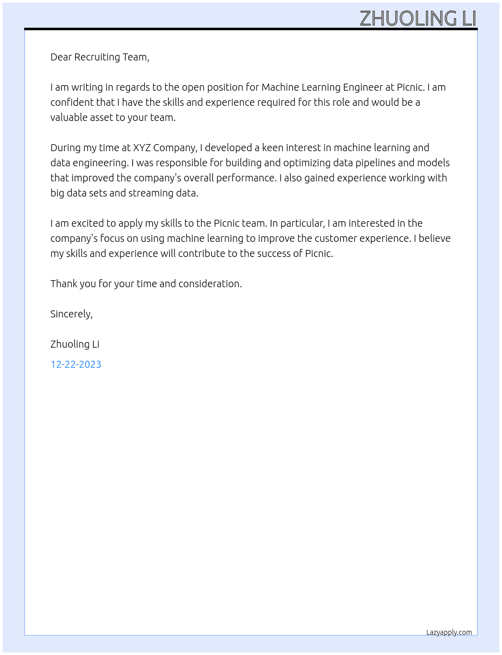 Machine Learning Engineer At Picnic Cover Letter