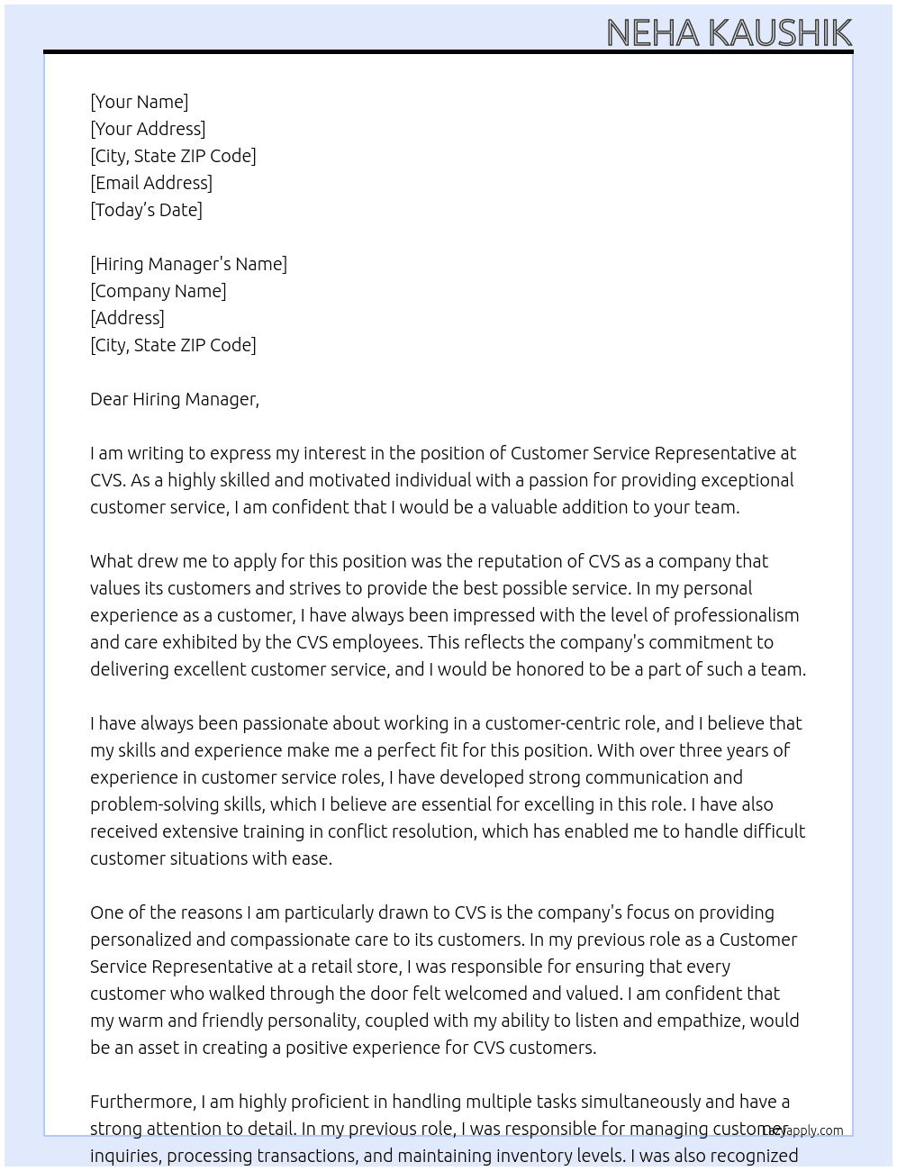 Customer Service Representative At CVS Cover Letter