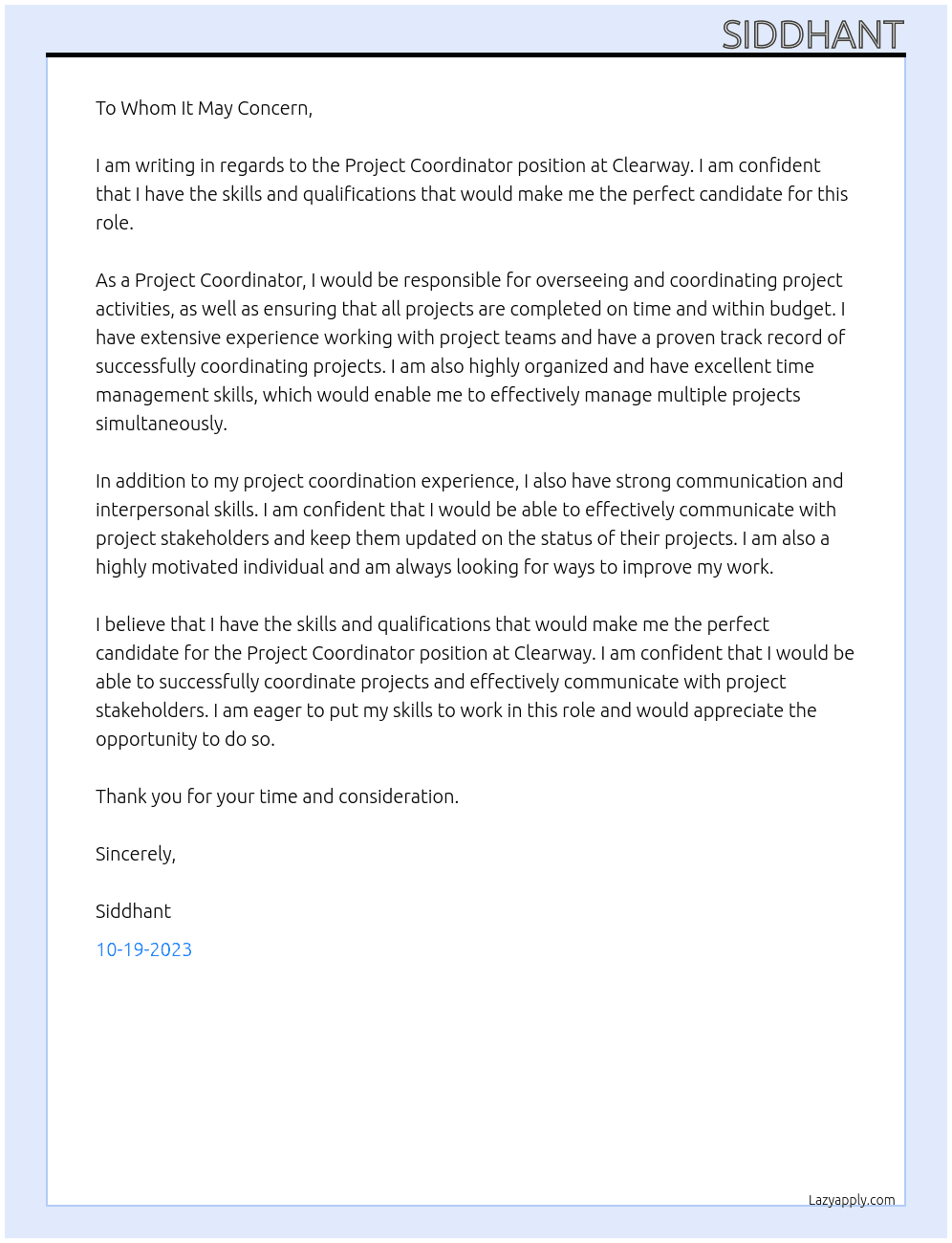 Project coordinator  At Clearway Cover Letter