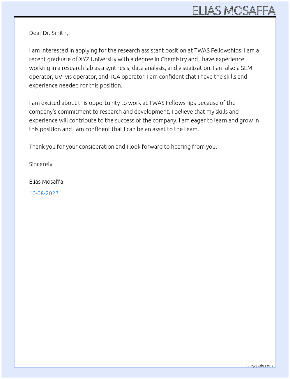 research Assistant At TWAS Fellowships Cover Letter