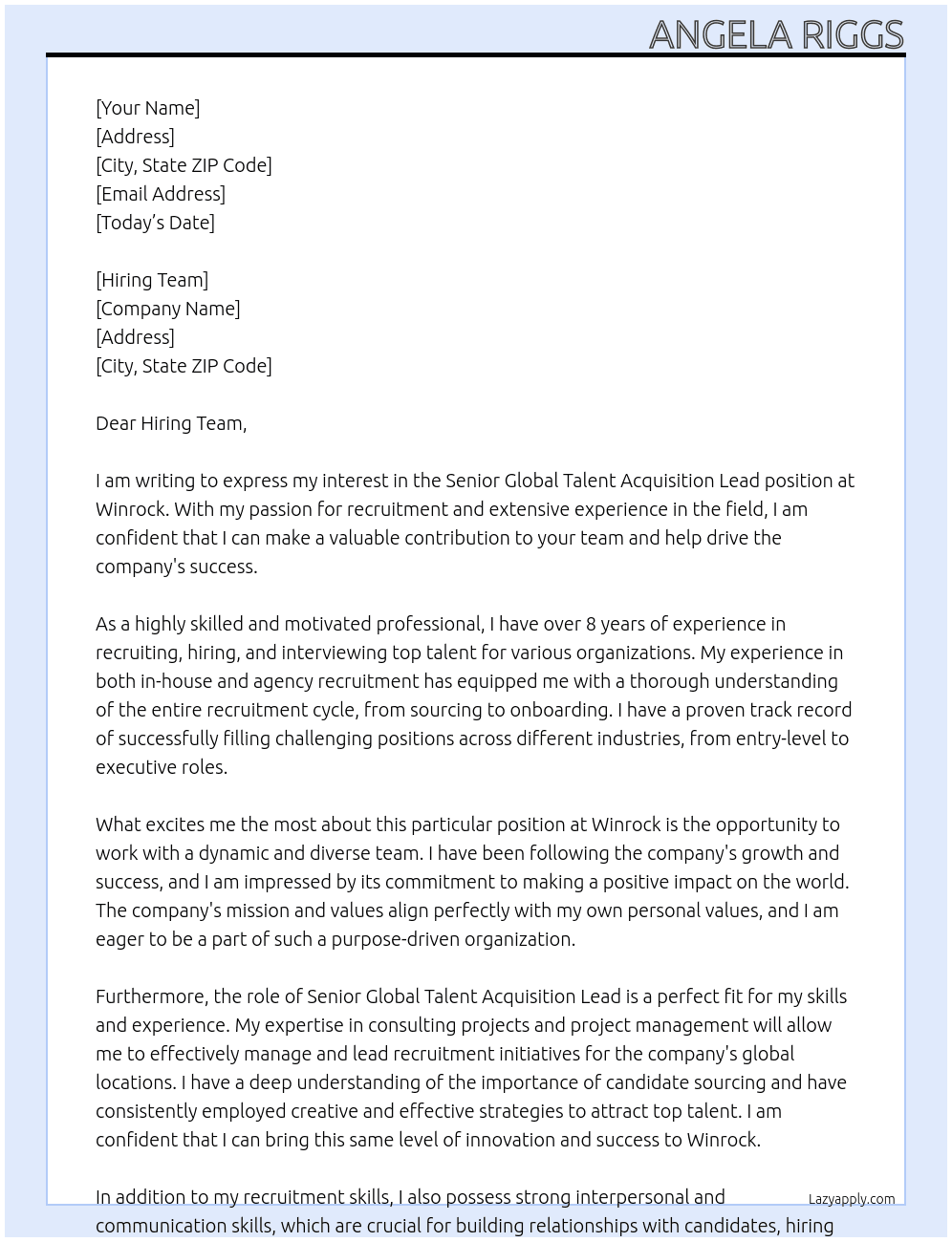Senior Global Talent Acquisition Lead At Winrock Cover Letter