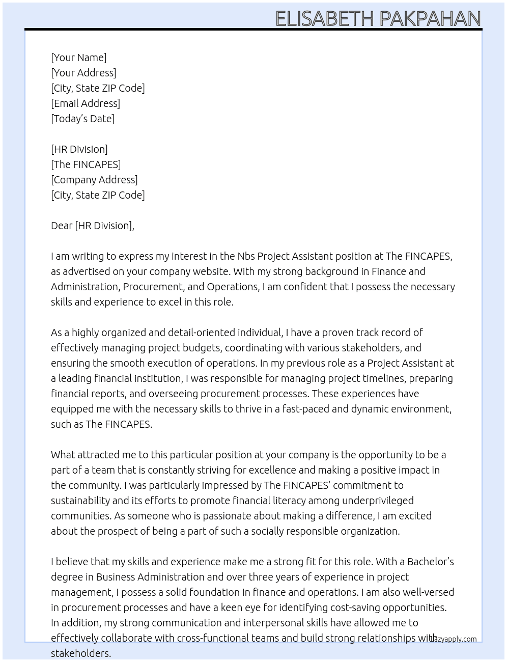 Nbs Project Assistant At The FINCAPES Cover Letter