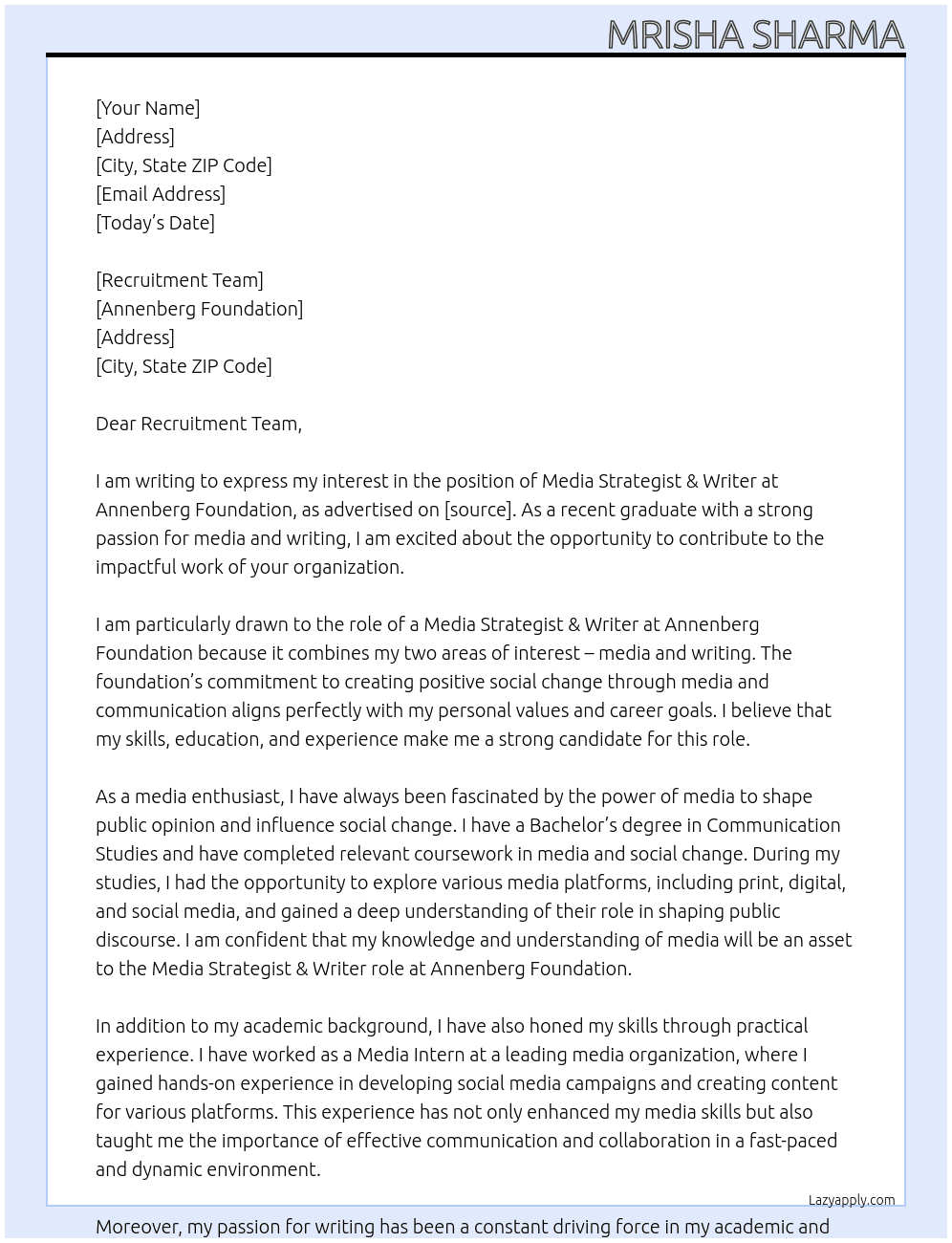Media Strategist & Writer At Annenberg Foundation Cover Letter