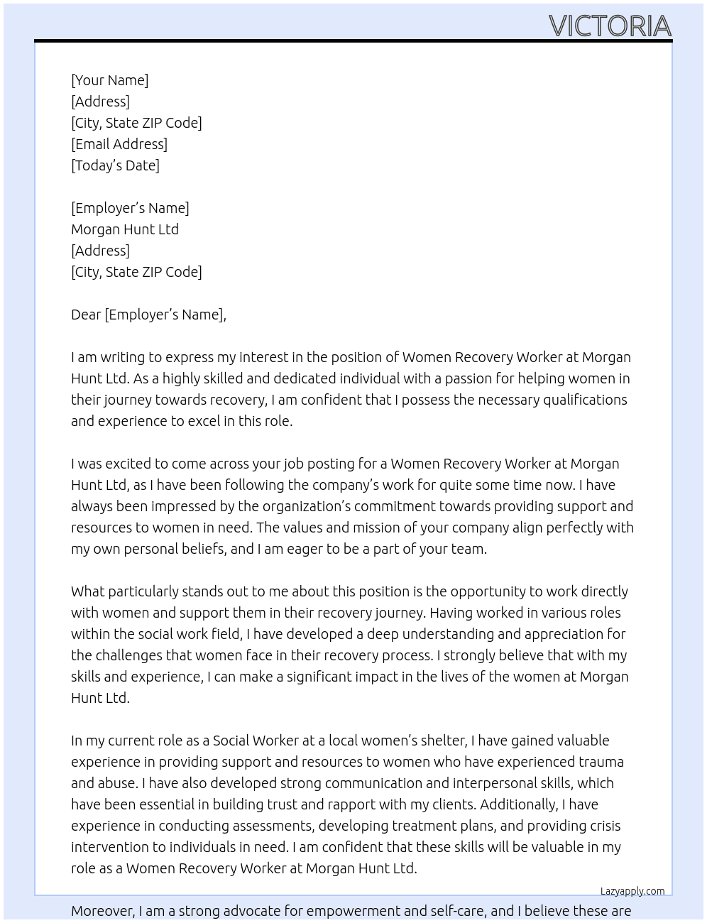 women recovery worker At women reocvery worker Cover Letter