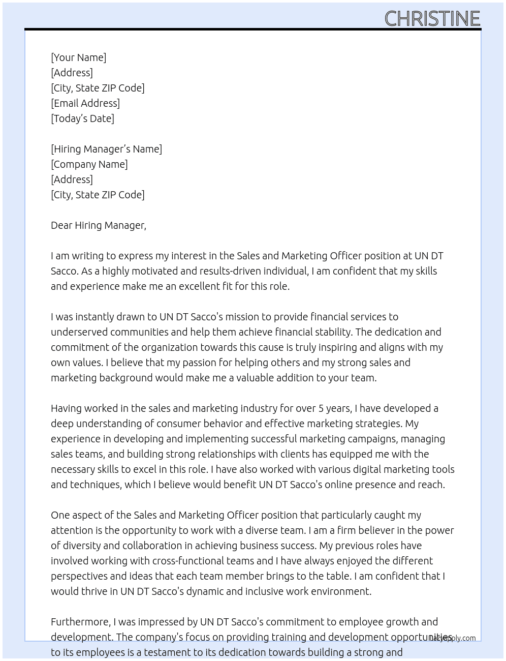 sales and marketing officer  At UN DT Sacco Cover Letter