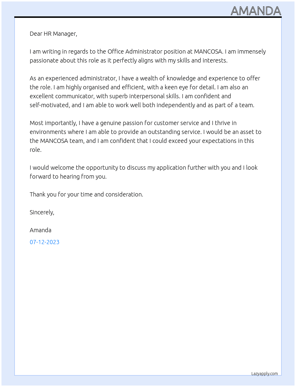 Office Administrator, Self-motivated At MANCOSA Cover Letter