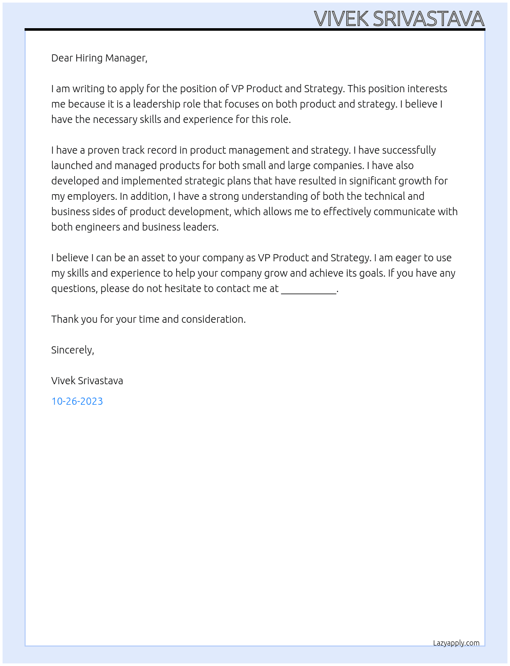 VP Product and Strategy At Dear Sir Cover Letter