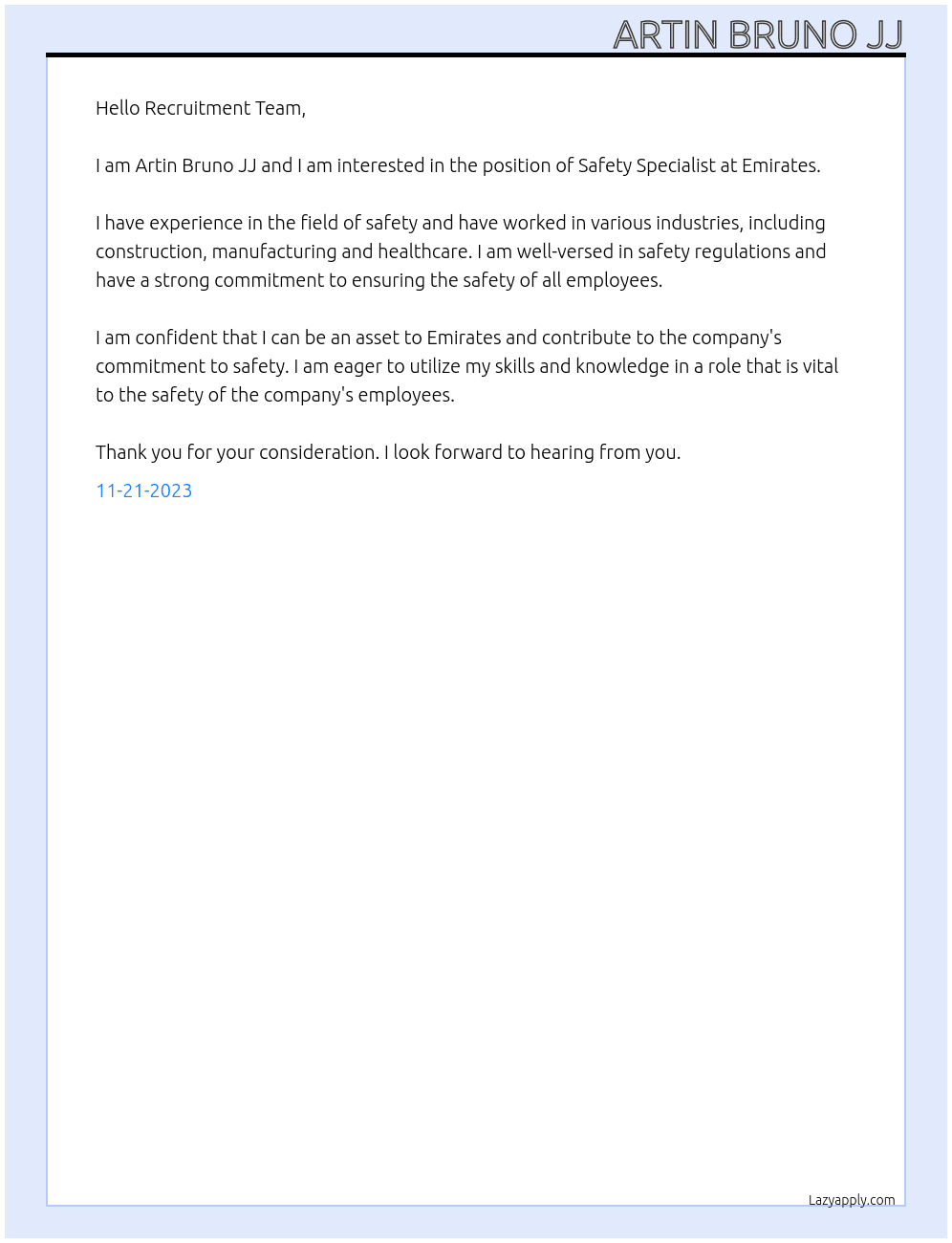 Safety specialist  At Emirates  Cover Letter