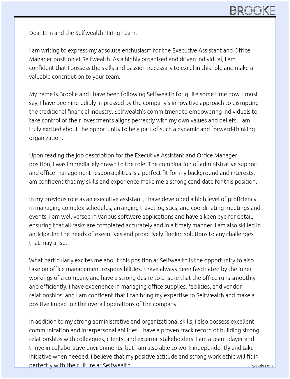 Executive Assistant & Office Manager At Selfwealth Cover Letter