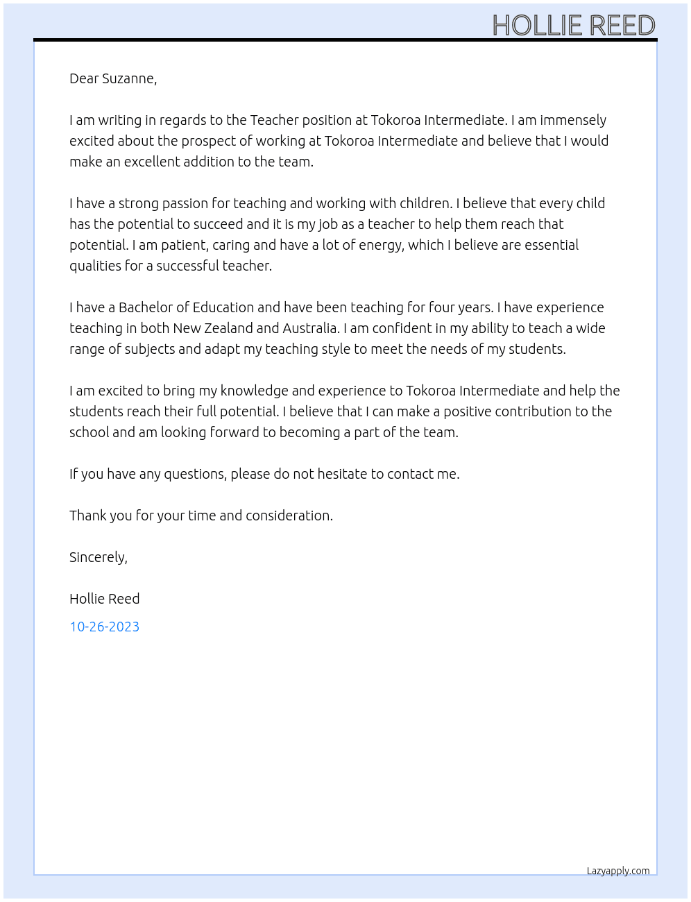 Teacher At Tokoroa Intermediate Cover Letter