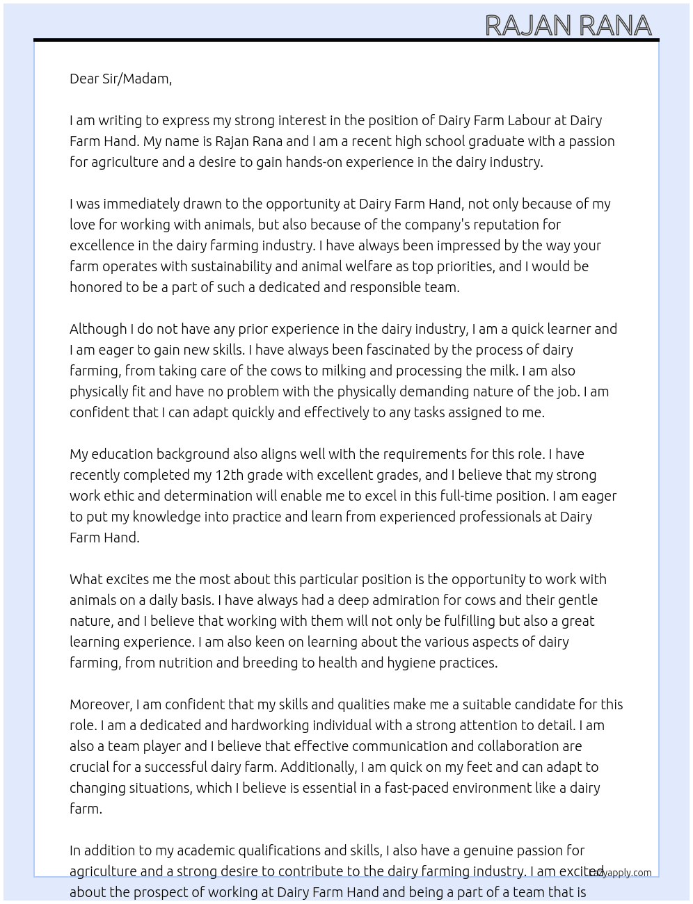 Dairy farm Labour  At Dairy farm hand  Cover Letter