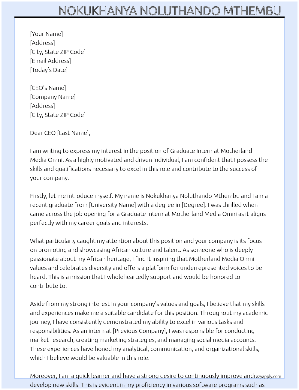 Graduate Intern At Motherland Media Omni Cover Letter