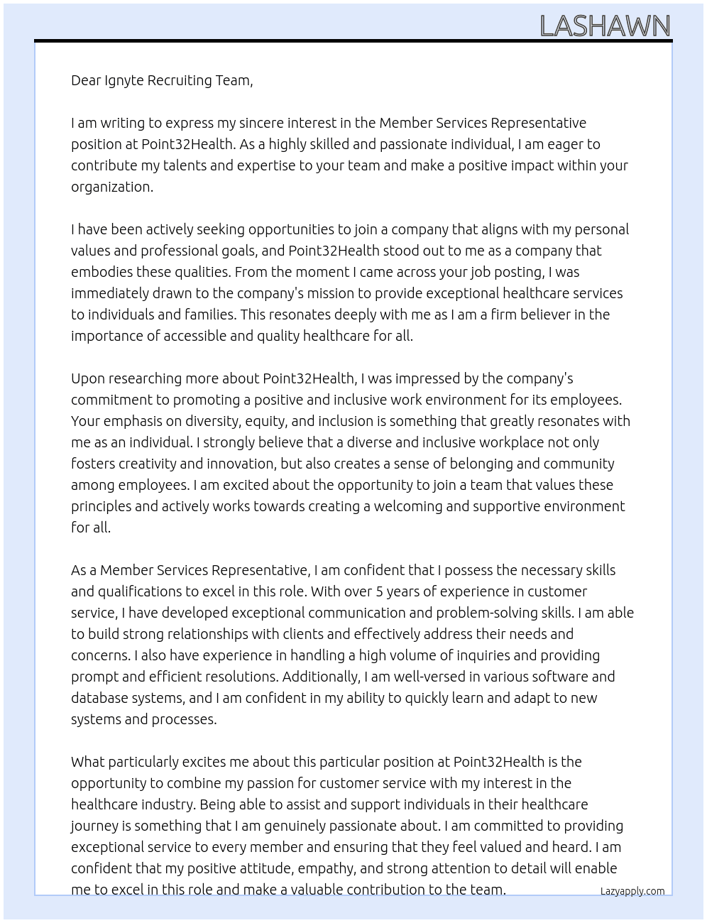 Member services representative At Point32Health Cover Letter