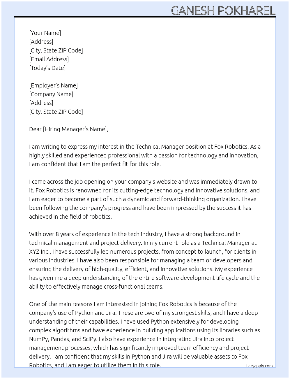 Technical Manager At Fox Robotics Cover Letter