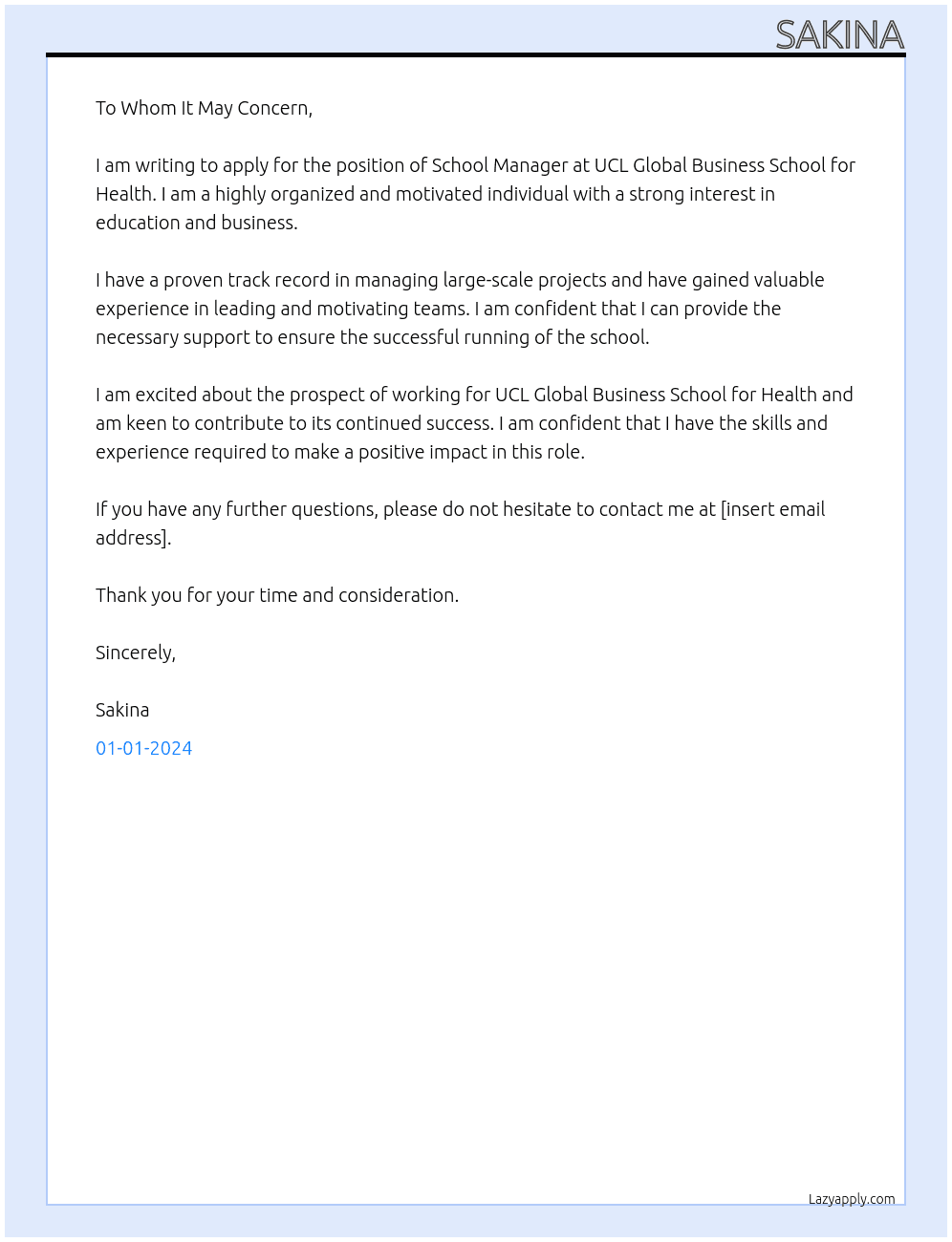 School Manager At  UCL Global Business School for Health Cover Letter