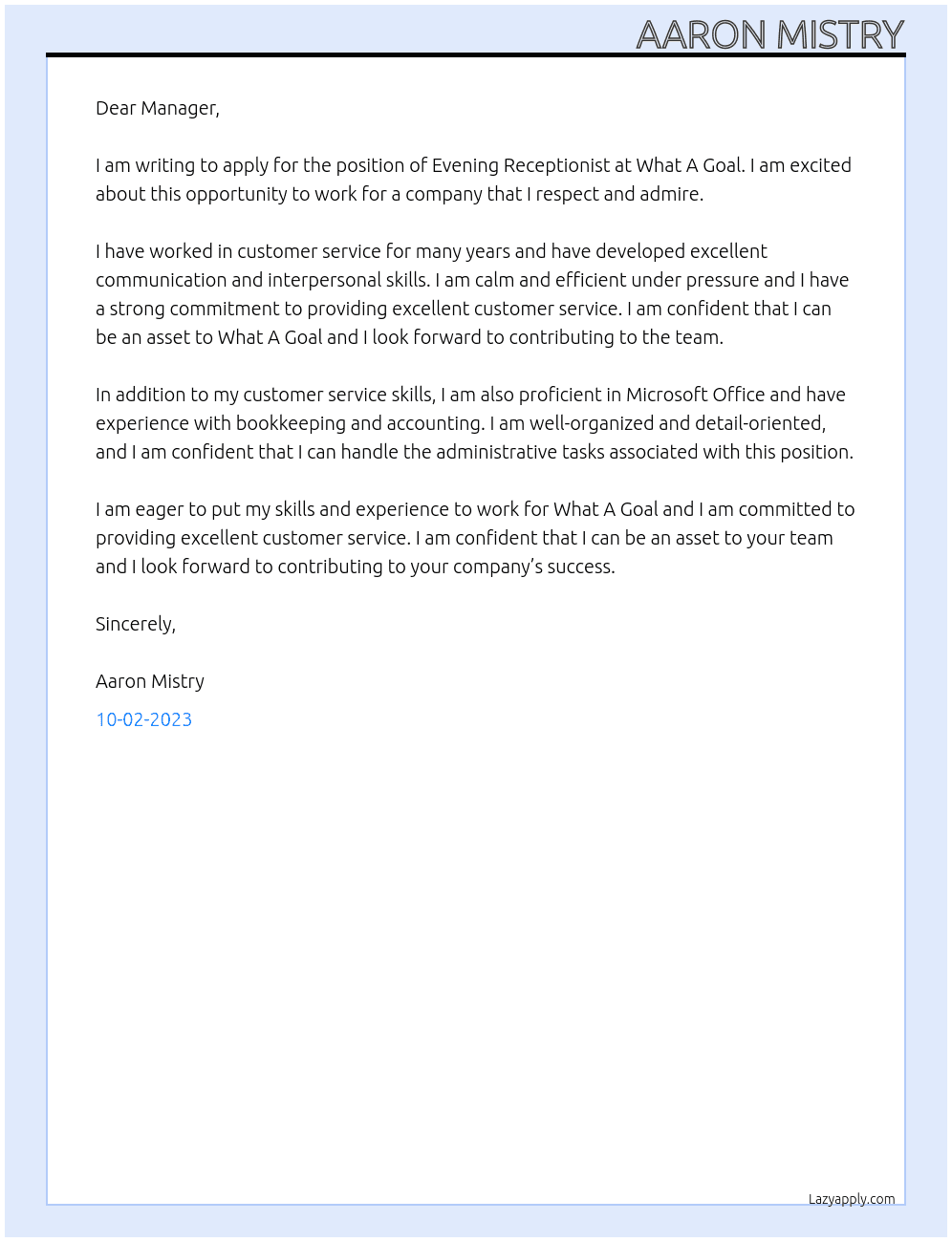Evening Receptionist At What A Goal Cover Letter