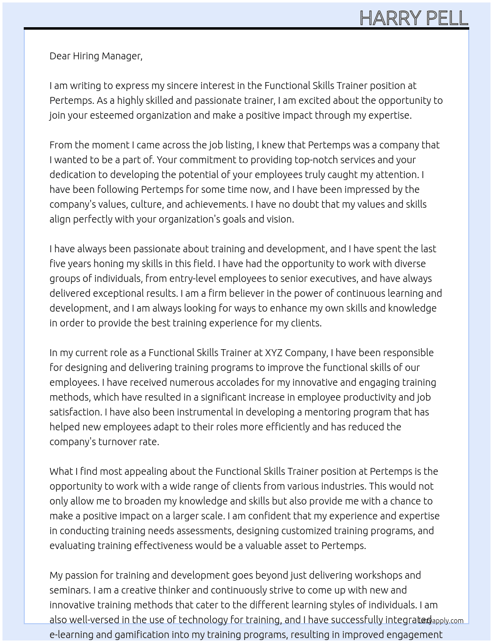 Functional skills trainer At Pertemps Cover Letter