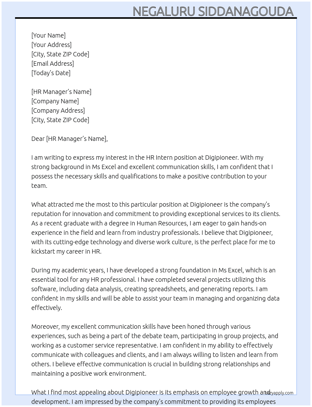 HR intern At Digipioneer Cover Letter