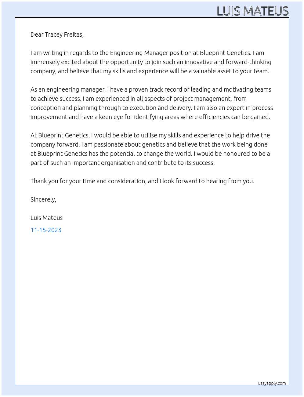 Engineering Manager At Blueprint Genetics Cover Letter