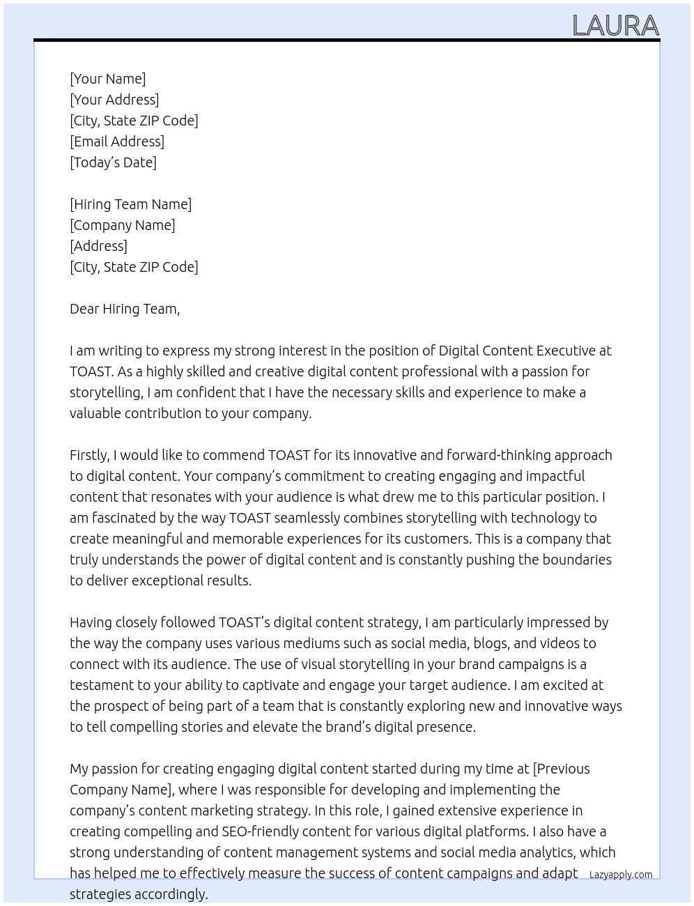 Digital Content Executive At TOAST Cover Letter