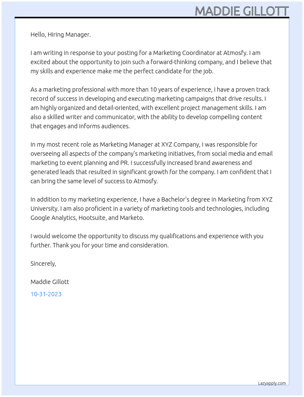 marketing coordniantor  At Atmosfy Cover Letter