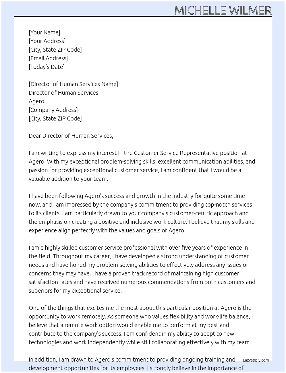 Customer service representative  At Agero Cover Letter