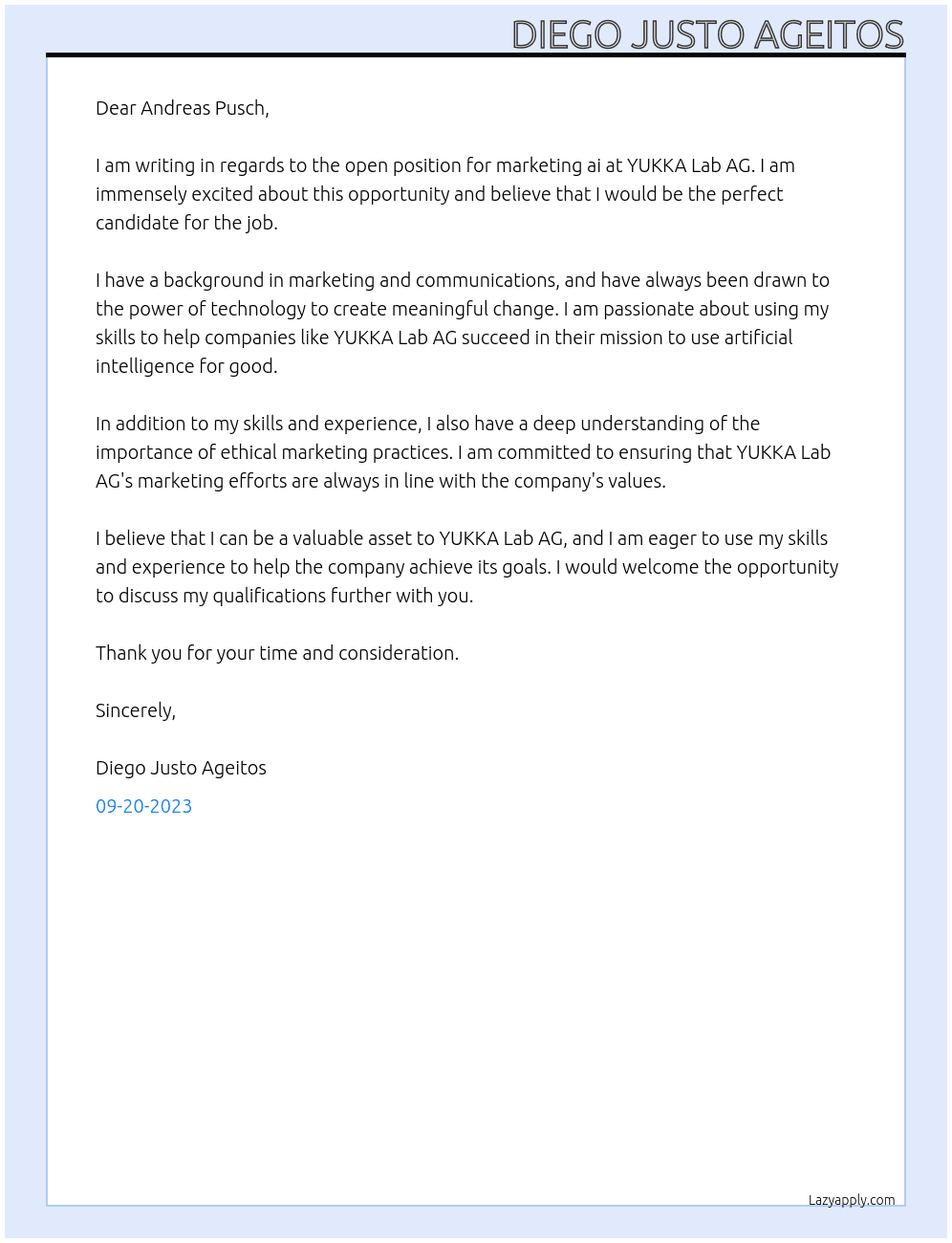 marketing ai At YUKKA Lab AG Cover Letter