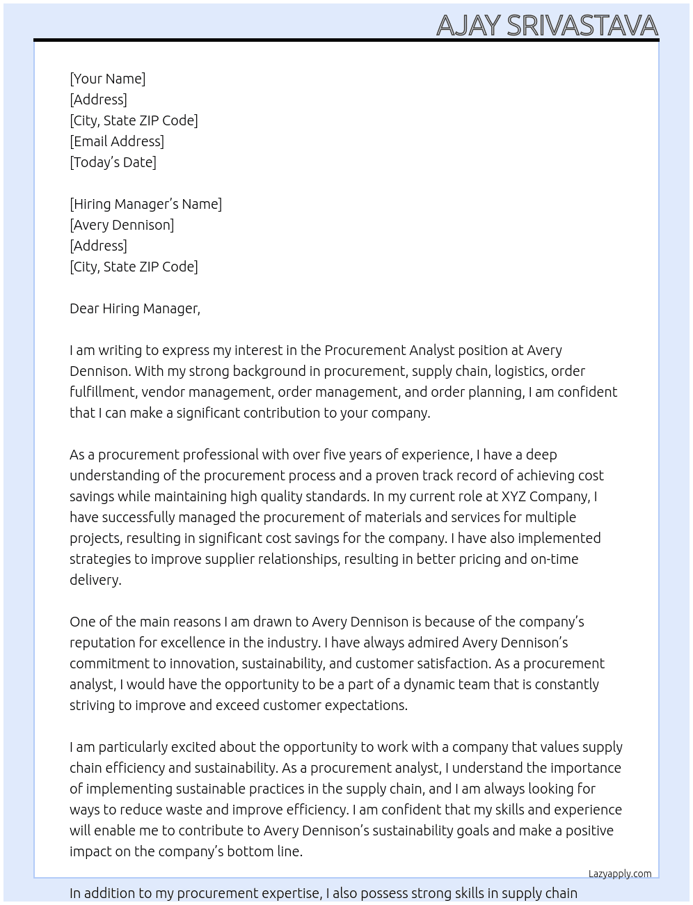 Procurement Analyst At Avery Dennison Cover Letter