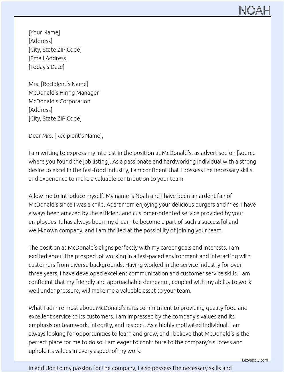 Mc donalds At mc donalds Cover Letter