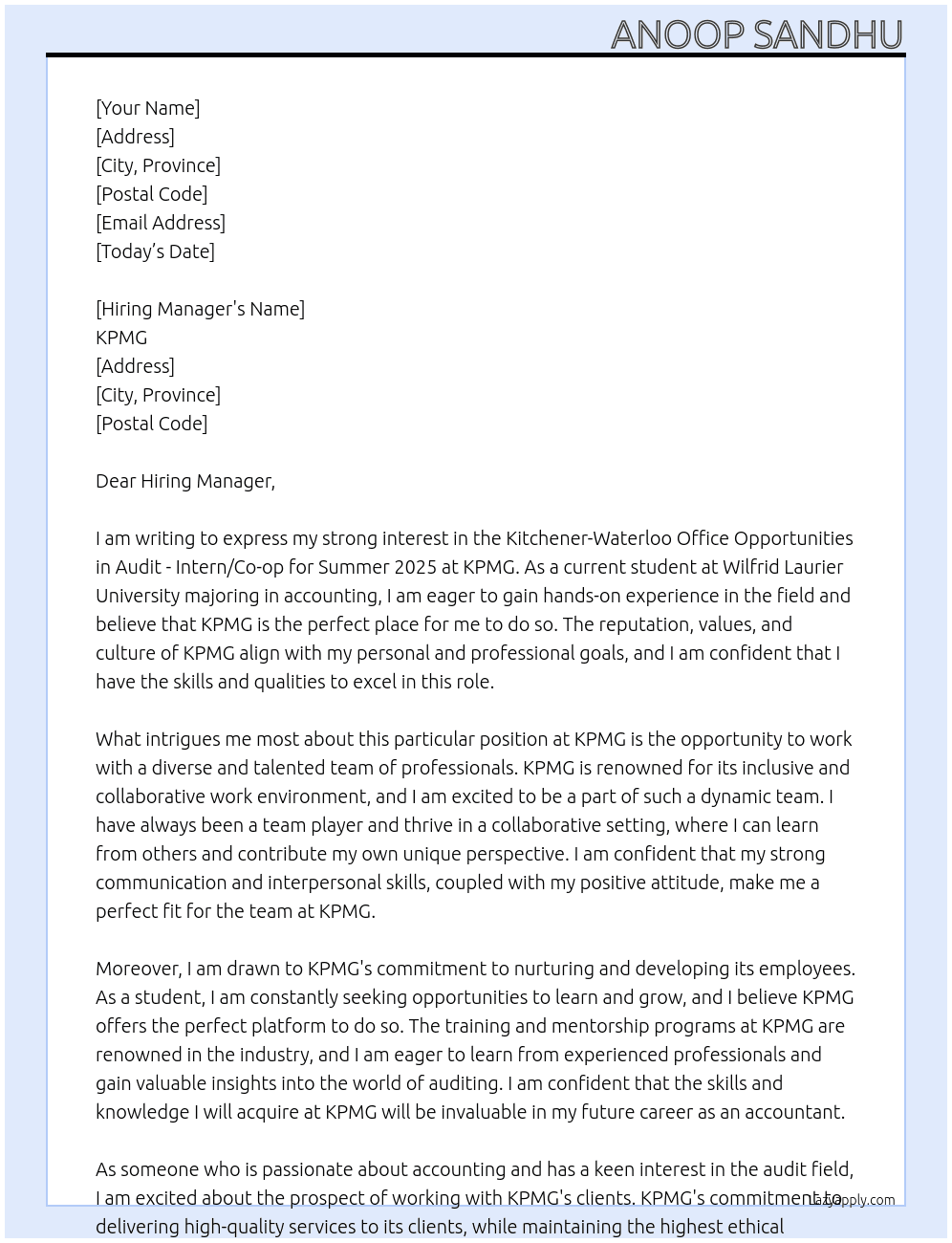 Cover letter for kitchener-waterloo office - opportunities in audit - intern/co-op - summer 2025 - wilfrid laurier university - LazyApply