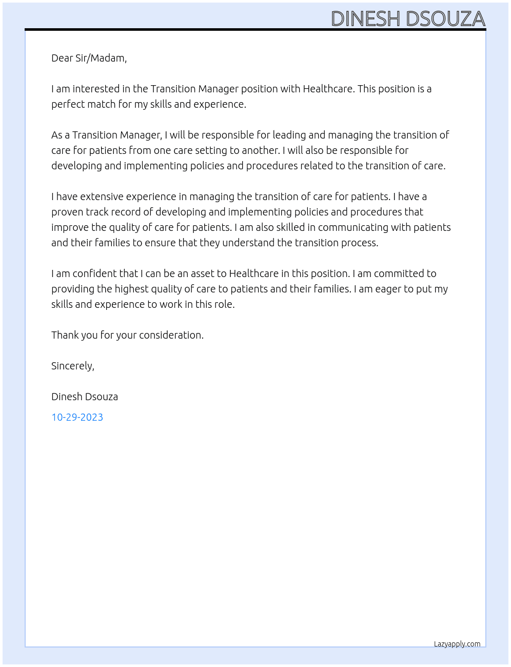 Transition Manager At Healthcare Cover Letter