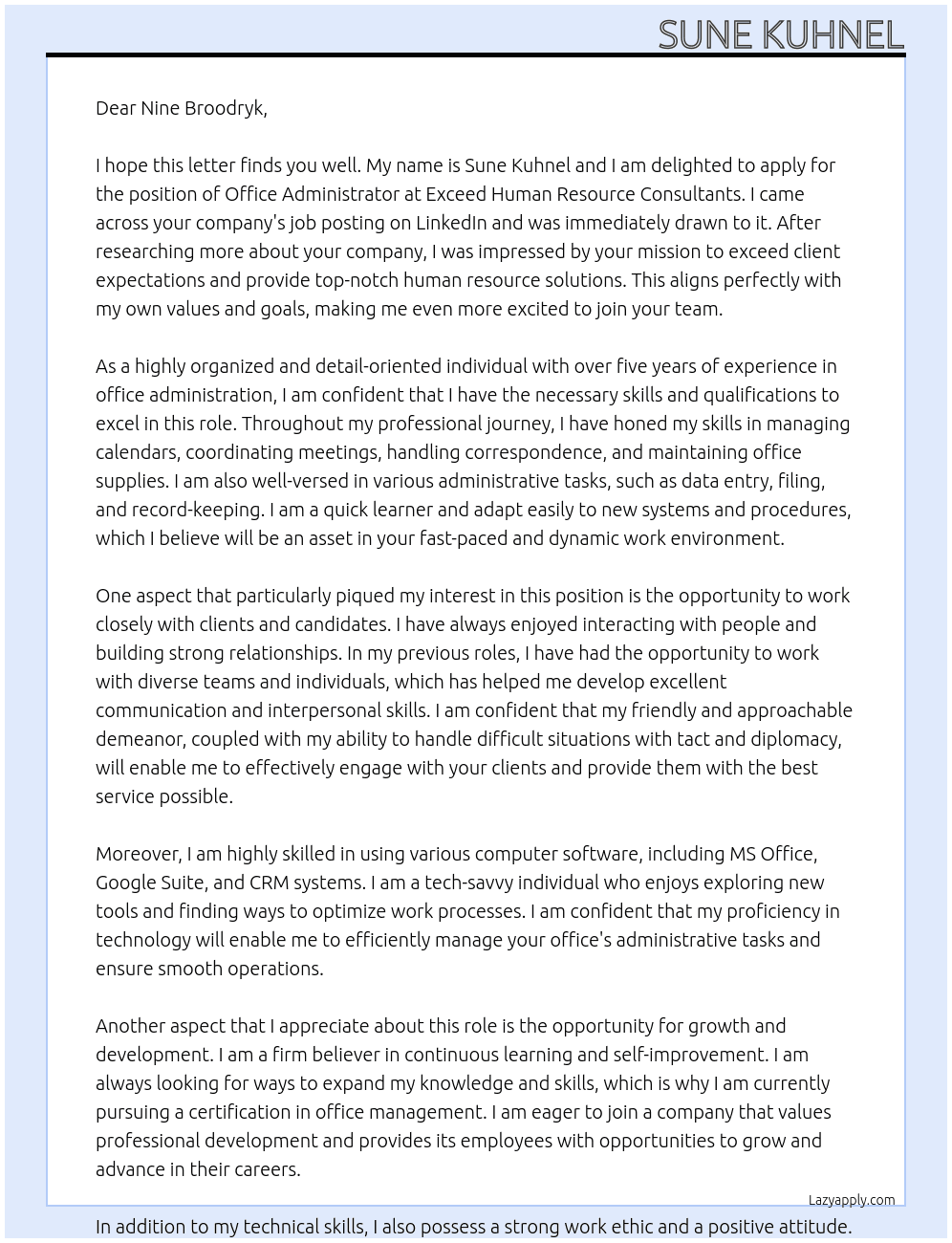 Office administrator  At Exceed Human Resource Consultants Cover Letter