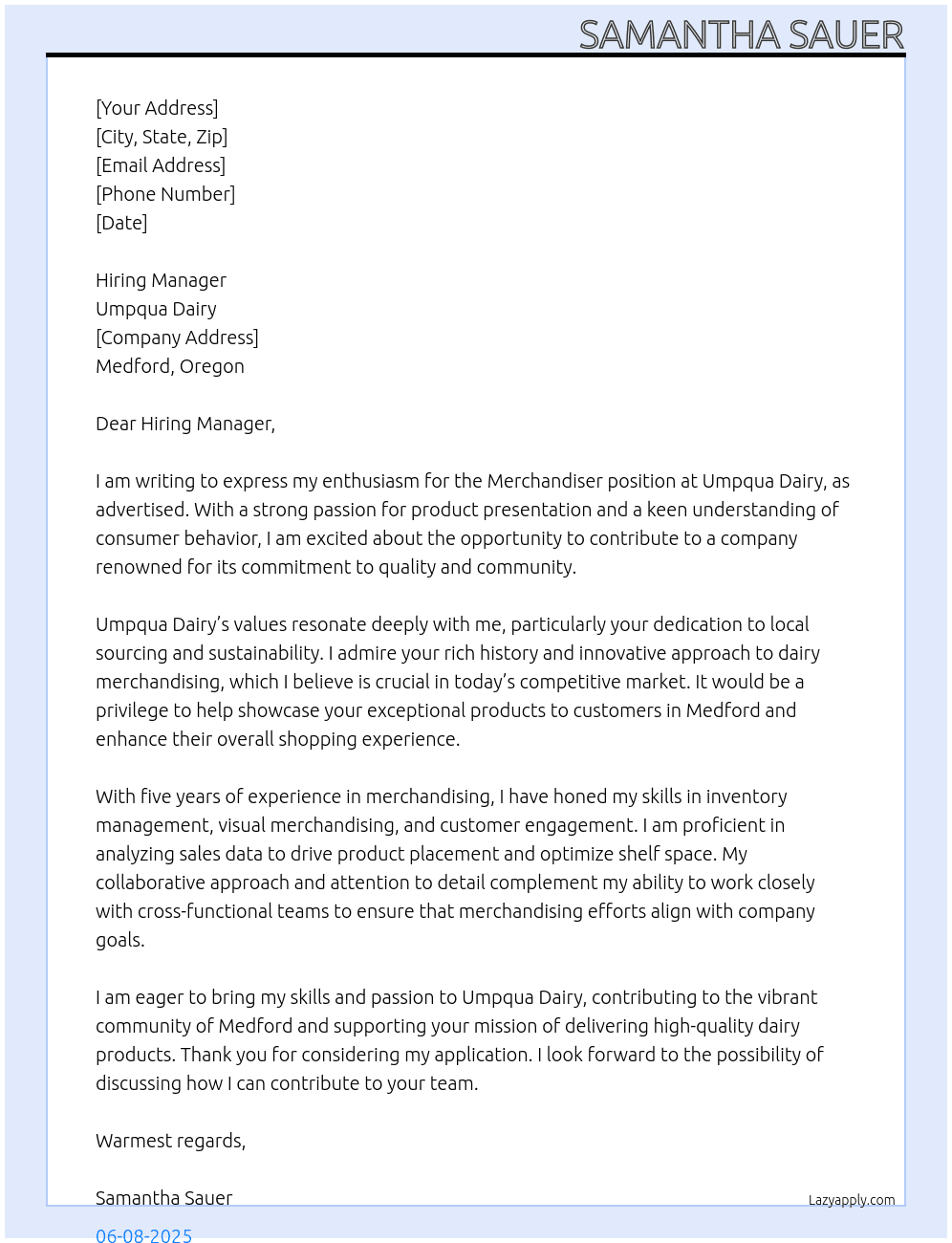 Merchandiser At Umpqua dairy Cover Letter