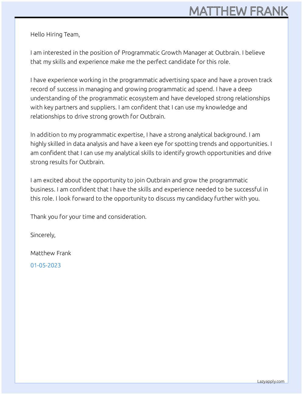 Programmatic Growth Manager At Outbrain Cover Letter