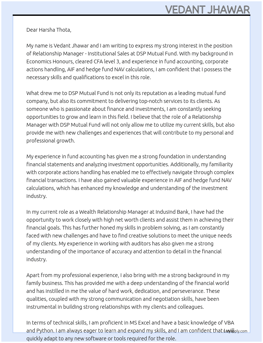 Relationship Manager - Institutional Sales At DSP Mutual Fund  Cover Letter