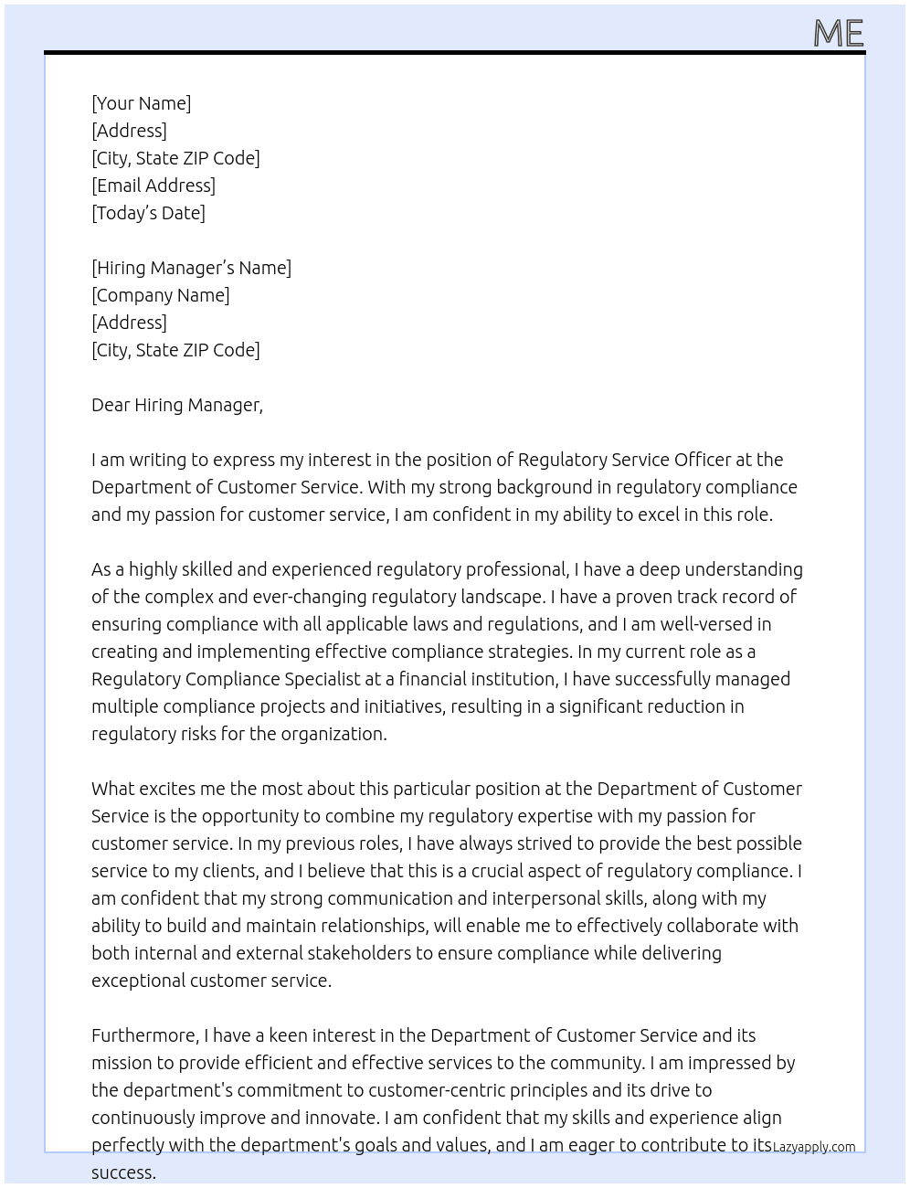 Regulatory Service Officer At Department of Customer Service Cover Letter