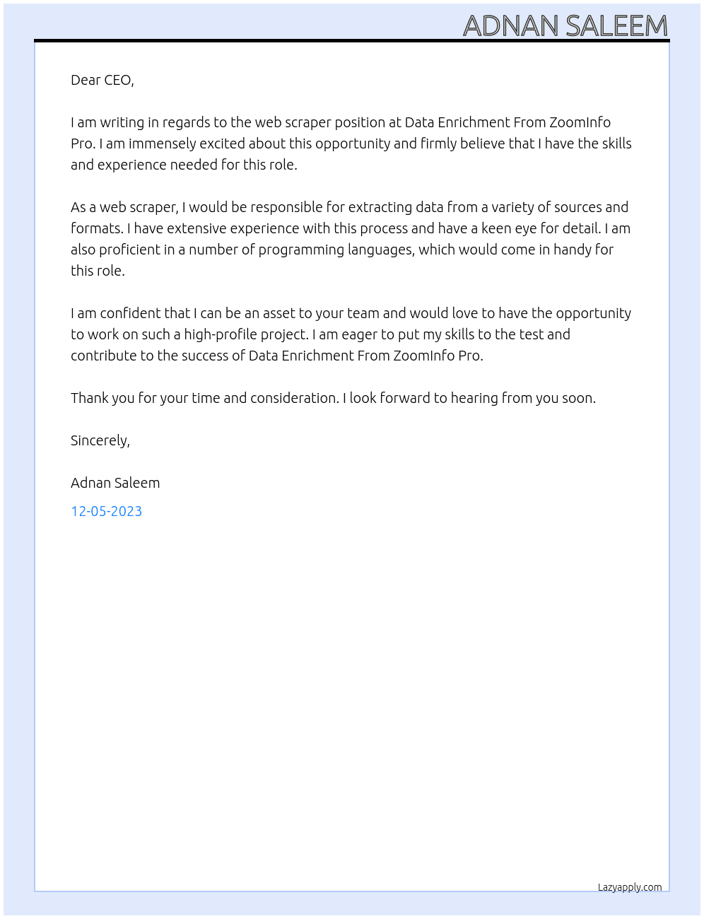 web scraper At Data Enrichment From ZoomInfo Pro Cover Letter
