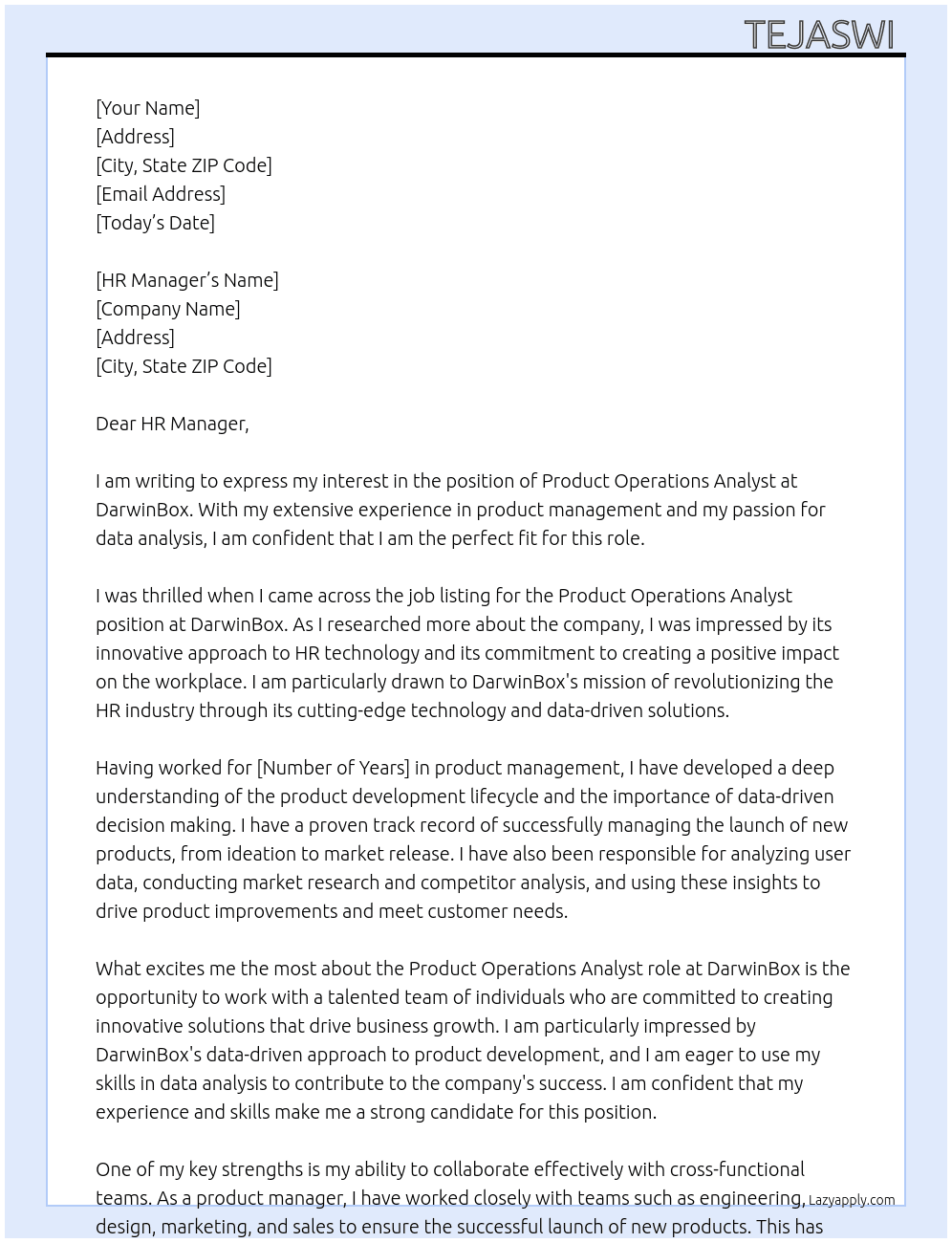 PRODUCT OPERATIONS ANALYST At DarwinBox Cover Letter