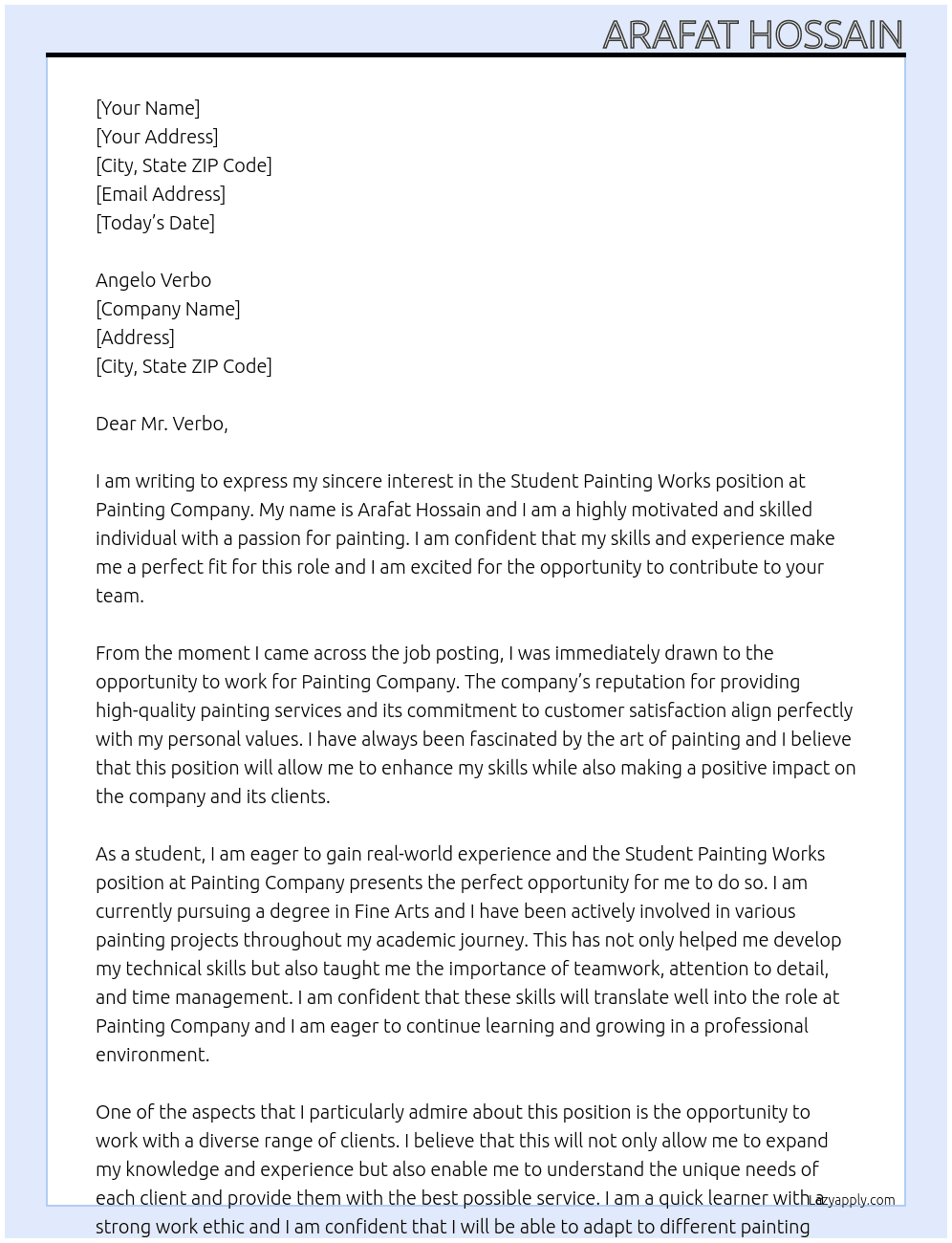Student Painting Works At Painting Company  Cover Letter