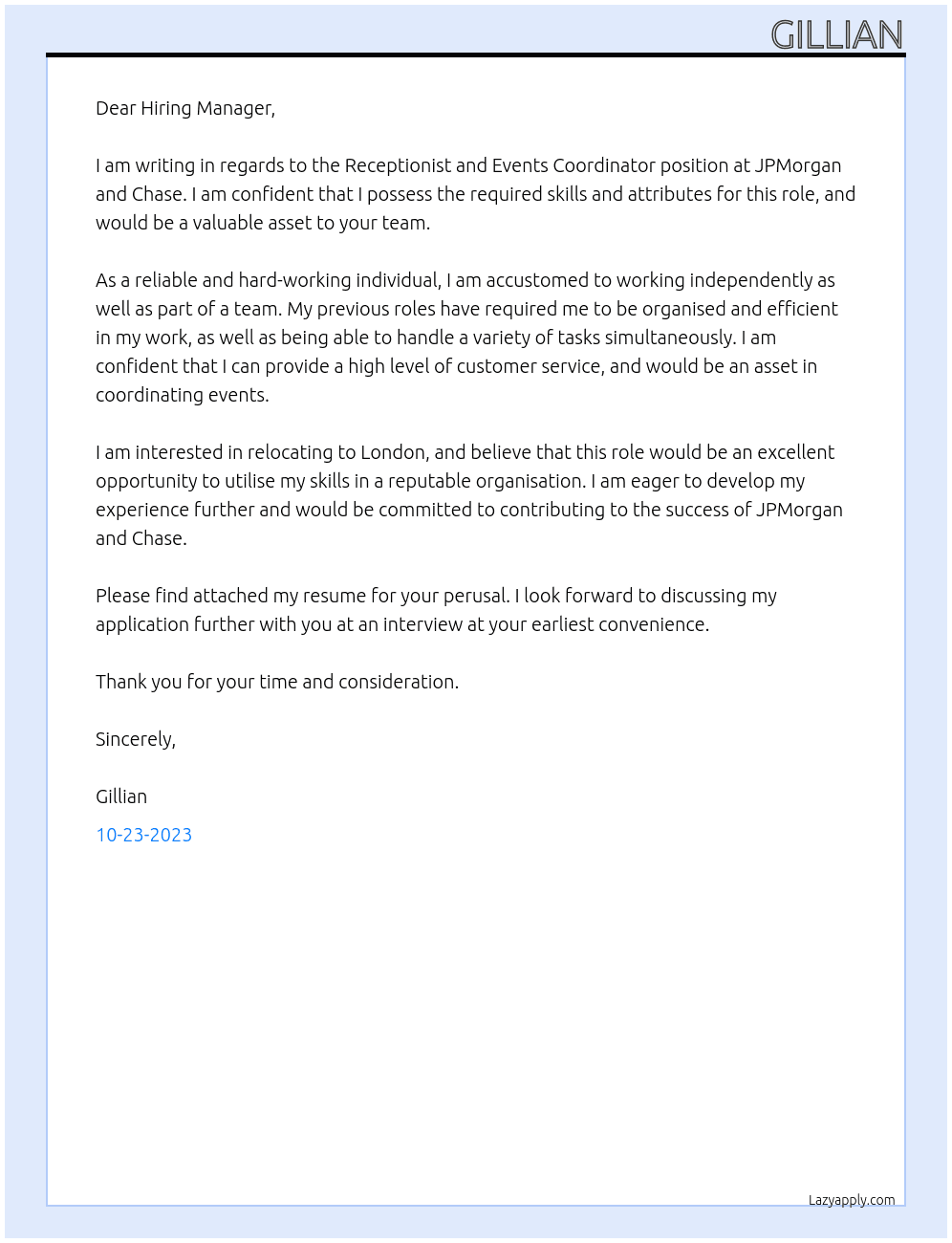 Receptionist and Events Coordinator At JPMorgan and Chase Cover Letter