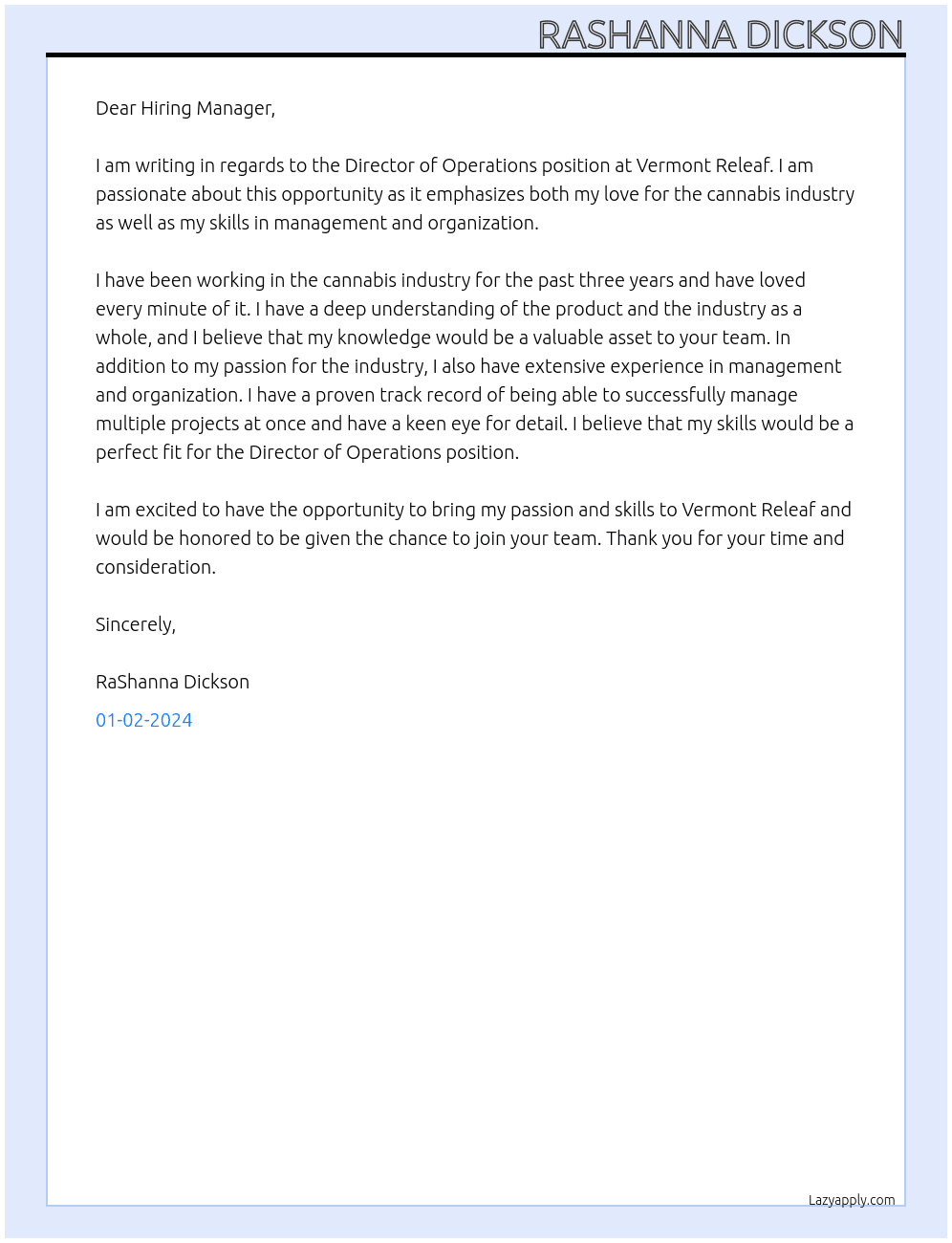 Director of Operations At Vermont Releaf Cover Letter
