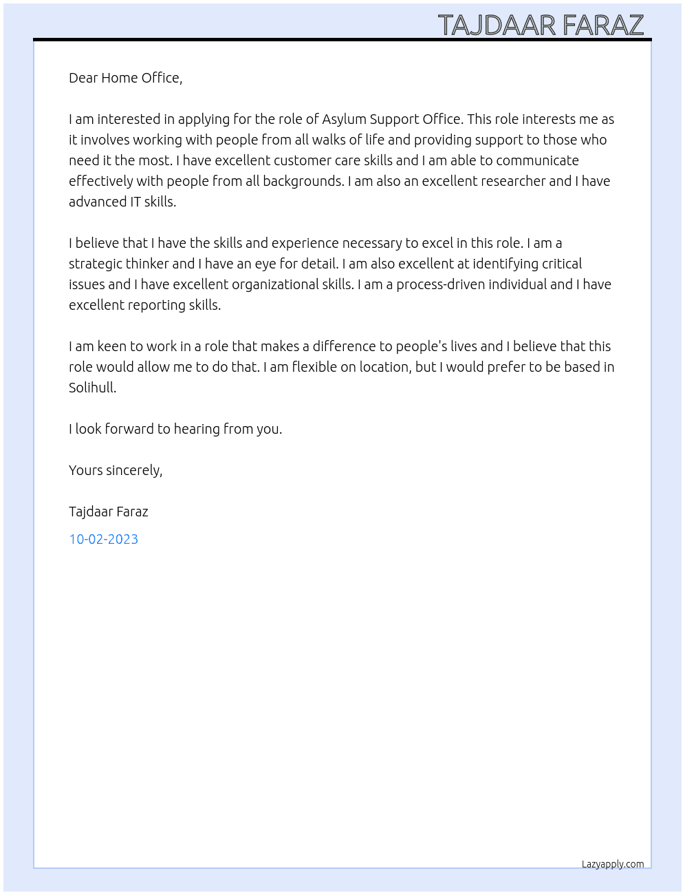 Asylum Support Office  At Home Office  Cover Letter