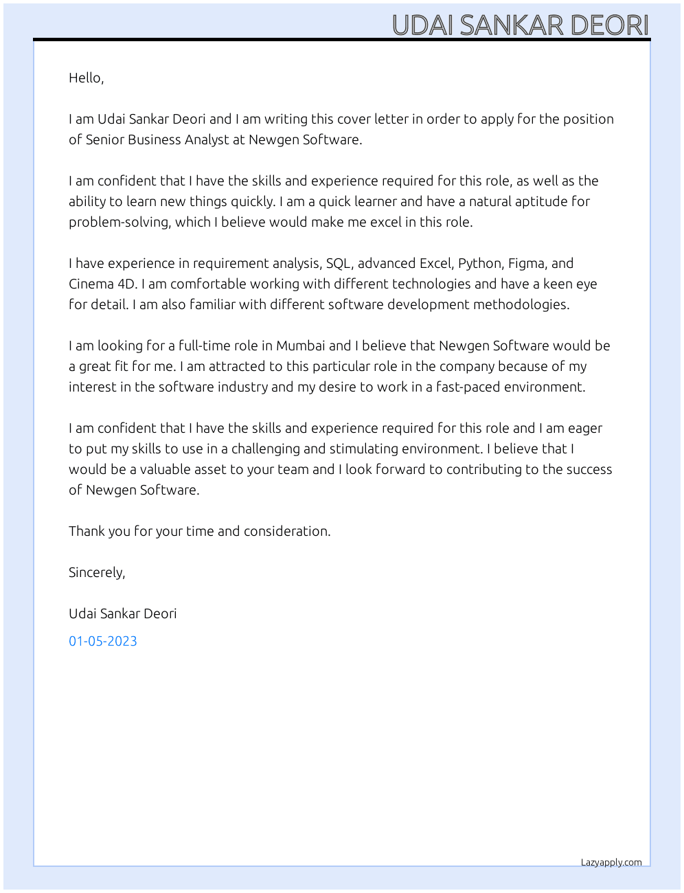 Senior Business Analyst At Newgen Software Cover Letter