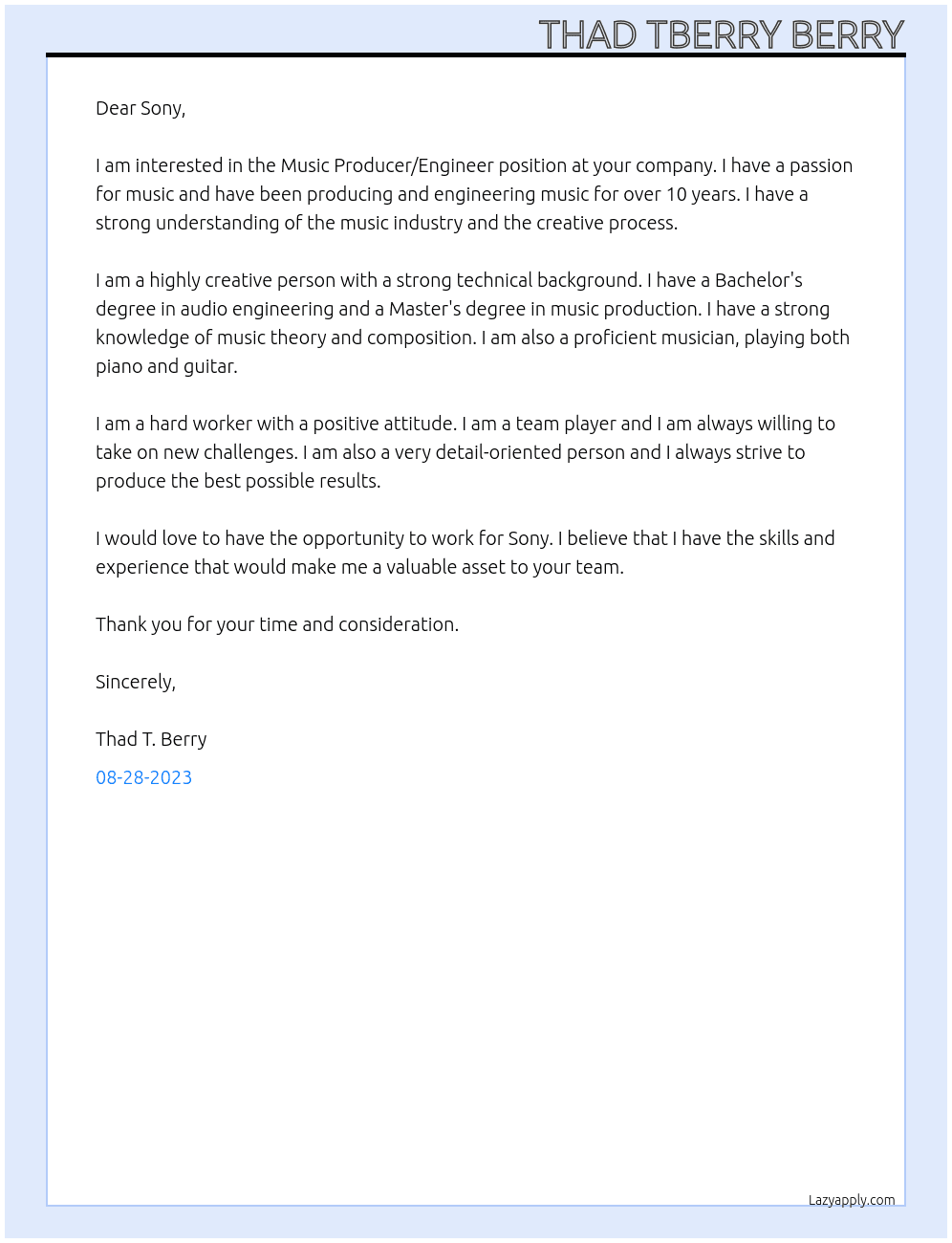 Music Producer/Engineer  At Sony Cover Letter