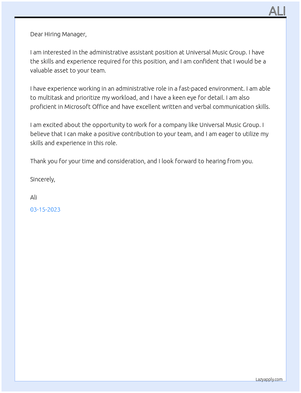 administrative assistant At universal music group Cover Letter