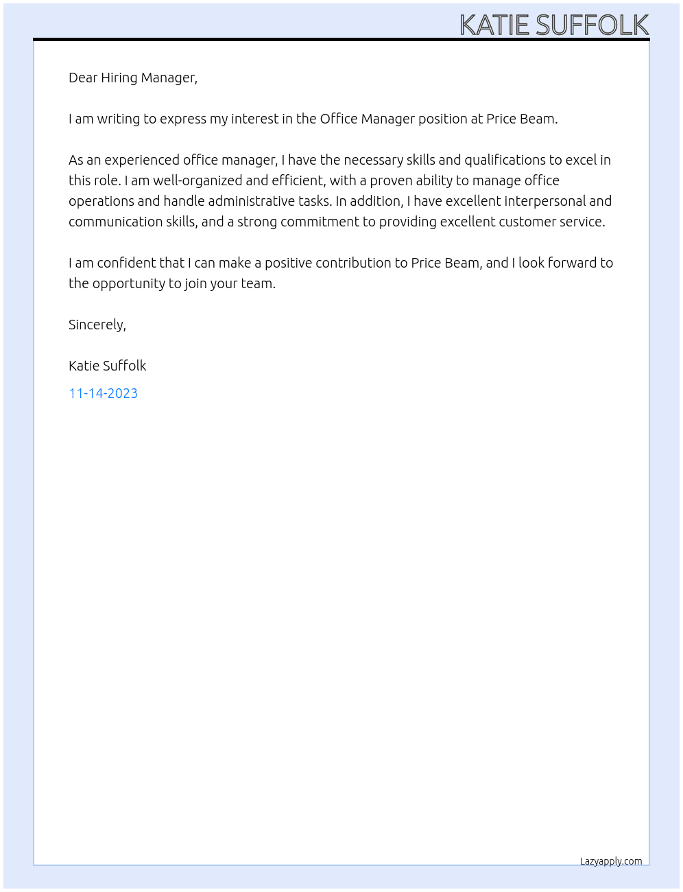 Office Manager At Price Beam Cover Letter