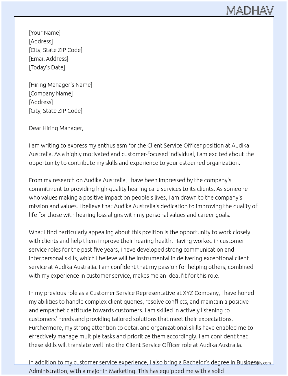 Client Service Officer At Audika Australia Cover Letter