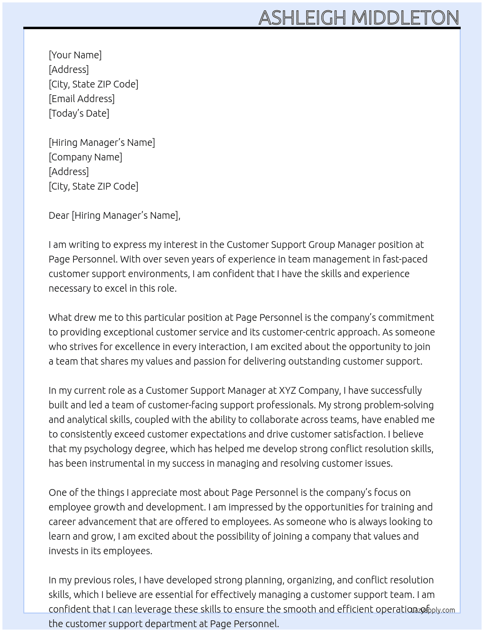 Customer Support Group Manager At Page personel Cover Letter